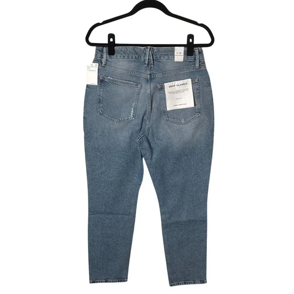 NWT Good American‎ Good Classic High Rise Distressed Jeans Medium Wash Sz 6/28
